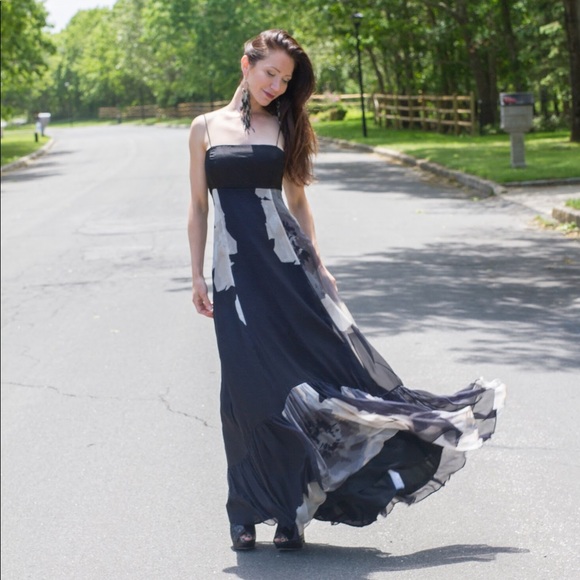 ZARA long black white floral spaghetti strap gown - Picture 1 of 3